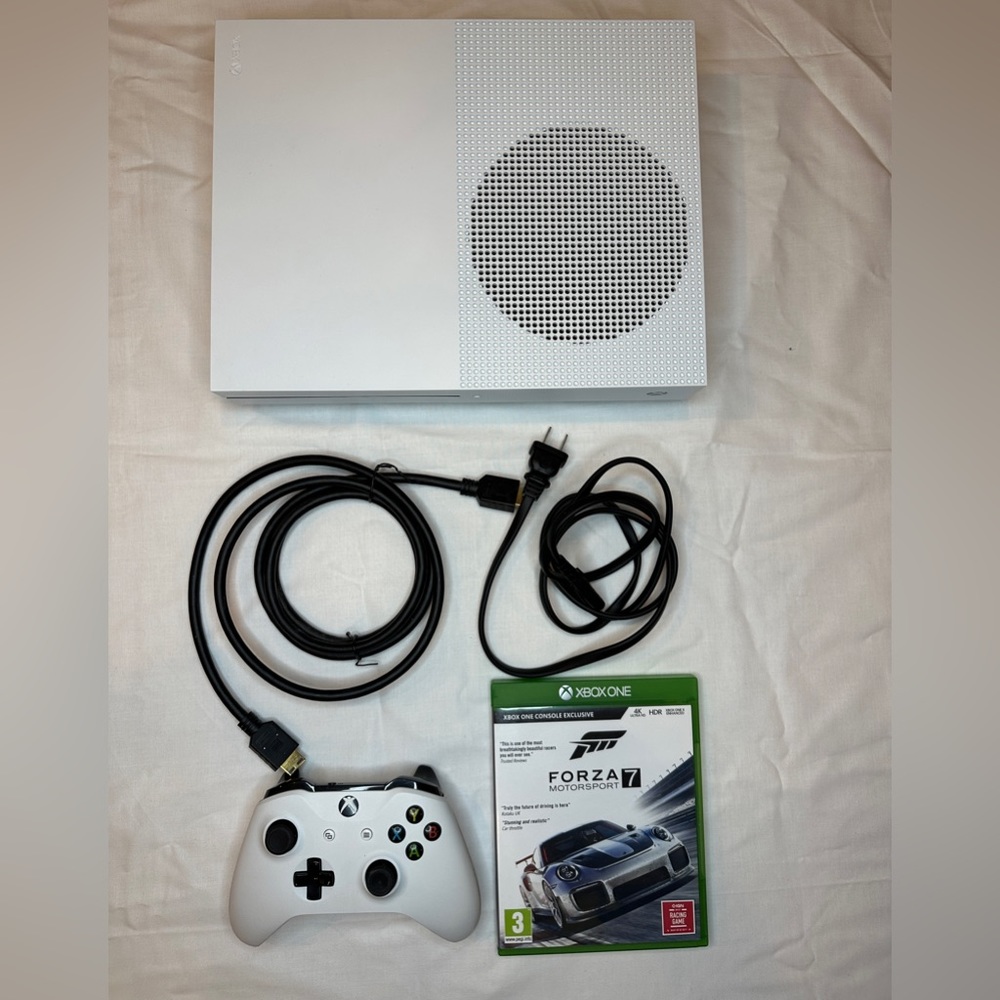 Microsoft Xbox One S with one controller and Forza Motorsports 7